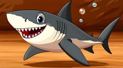 Happy cartoon shark swimming underwater.