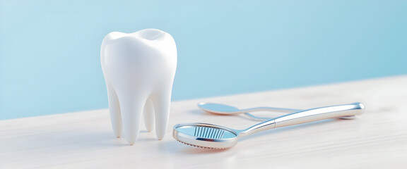 Healthy Tooth and Dental Tools on a Light Tabletop