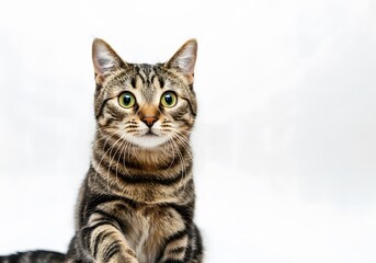 Obraz premium Tabby cat is raising his paw up, funny cat with raised paw, white background with copy space