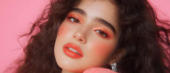 Fototapeta premium Vibrant portrait of young woman studio makeup artistry bright colors close-up beauty and self-expression