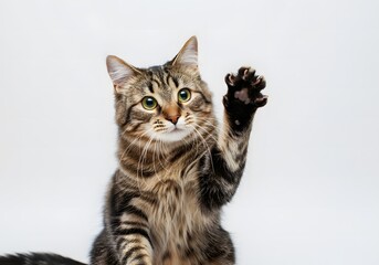 Fototapeta premium Tabby cat is raising his paw up, funny cat with raised paw, white background with copy space