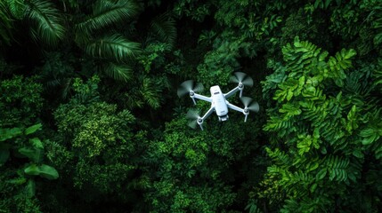 A robotic surveillance drone patrolling a secluded wildlife reserve, endangered species and dense foliage in natural habitat, Wildlife conservation robotics style