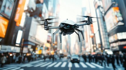 A robotic surveillance network monitoring urban traffic and security, AI-driven drones patrolling city streets, Urban style