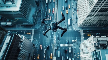 A robotic surveillance network monitoring urban traffic and security, AI-driven drones patrolling city streets, Urban style
