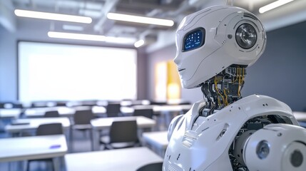 Fototapeta premium A robotic teacher conducting a class in a futuristic smart classroom, interactive whiteboards and digital desks, Educational style