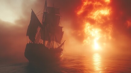 Obraz premium A ghostly galleon sails on a foggy sea at sunset, with fiery clouds behind.