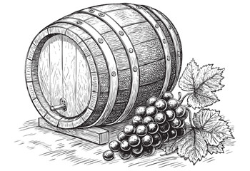 oak barrel and grape sketch hand dawn drawing vector illustration