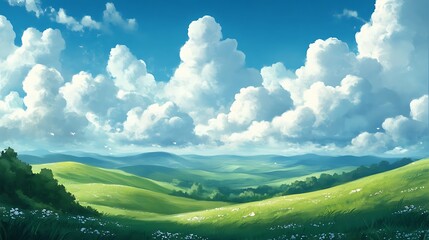 A stunning countryside painting showing soft, white clouds floating over gently sloping hills. 