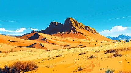 A tranquil desert scene featuring endless dunes and a deep blue sky above. 