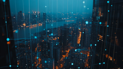 Obraz premium Smart digital city with connection cyber security network reciprocity over the twilight cityscape.future wireless digital city and social media networking systems that connects people within the city