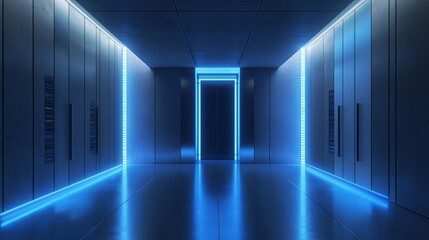 Futuristic glowing server room corridor with neon blue lights
