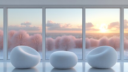 Frosted window panes with a view of a snowy landscape and Christmas decorations inside