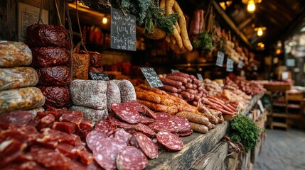 Obraz premium A variety of cured meats are displayed for sale at a butcher shop.