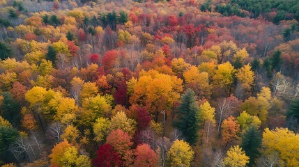 A vibrant autumn forest with golden, red, and orange foliage covering the trees and the ground. 