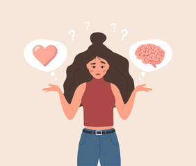 Brain and Heart Balance. Mental Health concept. Cartoon Female Character Making Life Decision. Vector illustration in flat style.
