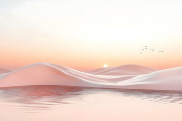 Pastel Desert Sunset, Serene Sands, Birds in Flight, Soft Light