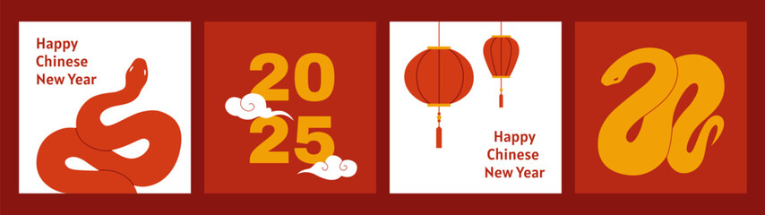 Set of 2025 Chinese new year cards with snake and lanterns. Hand drawn vector illustration.