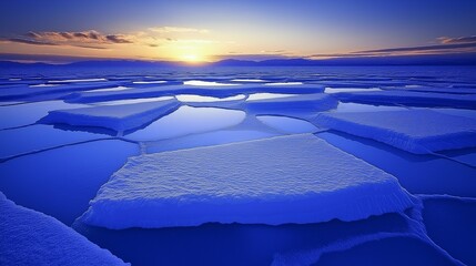Frozen Horizon: A mesmerizing panorama of ice floes glistening under a breathtaking sunrise, capturing the raw beauty and tranquility of a frozen landscape. 