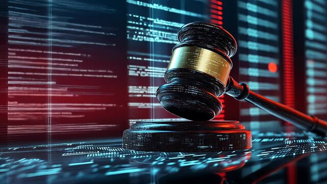 A gavel rests on a digital surface illuminated by streams of data. This symbolizes the fusion of law and technology in today's legal practices, reflecting a new era of justice.