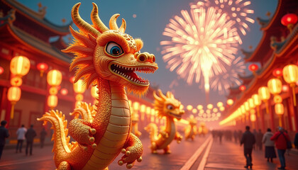 Obraz premium Golden Dragon Parade Under Fireworks