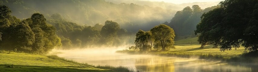 Misty River Serenity, a tranquil river winding through a verdant valley, sunlight piercing the fog, casting a peaceful glow on the lush surroundings, inviting calm and reflection.