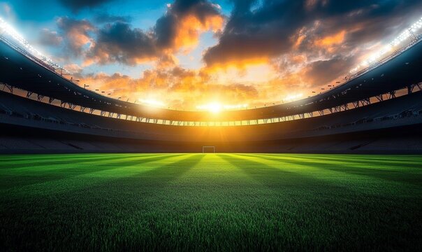 empty stadium at sunset with floodlights and green grass field