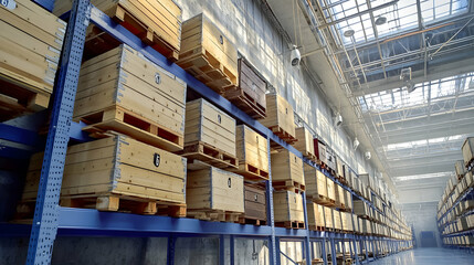 Industrial Warehouse, Rows of Wooden Crates Stacked High on Blue Shelving