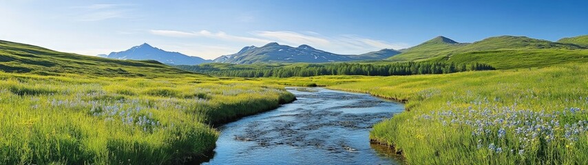 Serene Countryside Vista, a winding river meanders through vibrant meadows adorned with wildflowers, distant mountains rise under a clear blue sky, embodying rural tranquility.