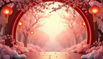 Peach Blossom Arch with Hanging Lanterns