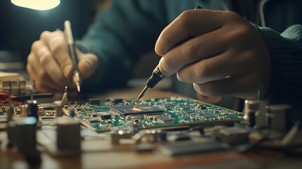 A person soldering components on a circuit board, focusing on electronics repair and assembly.