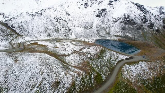 Scenic hatcher pass landscape in Alaska. snow covered in late autumn time.