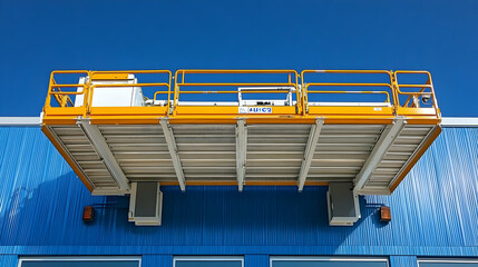 Industrial Elevated Platform,  A Yellow & Silver Working Platform Suspended from a Blue Building Exterior
