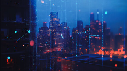 Obraz premium Smart digital city with connection cyber security network reciprocity over the twilight cityscape.future wireless digital city and social media networking systems that connects people within the city