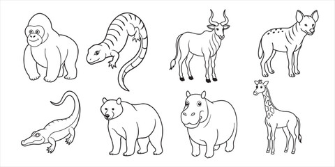 Set of hand-drawn line art illustrations of jungle animals & plants