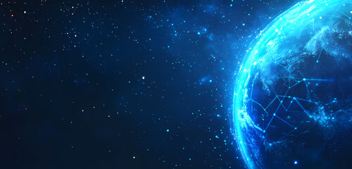 Fototapeta premium Digital representation of Earth surrounded by blue glowing data points and geometric lines, symbolizing technology, global networks, and advanced communication systems.