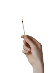 hand holding a burning matchstick isolated on white background