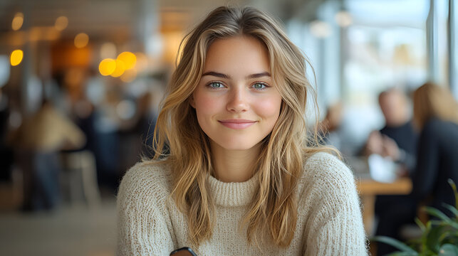 Fototapeta portrait of a smiling woman using a mobile phone while sitting at a table in a modern office with panoramic windows in the background. blurred people can be seen working and talking to each other in t