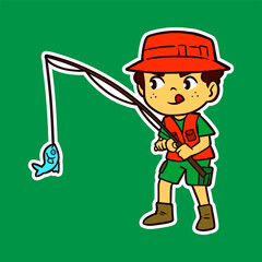 Boy Fishing Doodle Sticker Illustration
