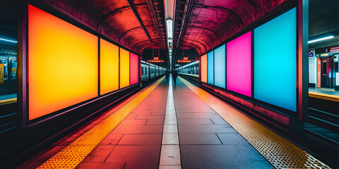 Vibrant Subway Platform, Colorful Panels Illuminate Urban Transit