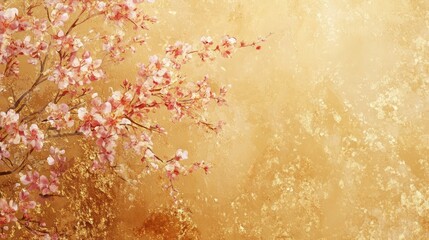 Golden Blossom: A Watercolor Painting of Delicate Pink Cherry Blossoms on a Golden Background