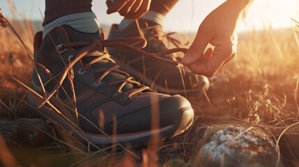 Closeup of a person tying their hiking boots in a field at sunset.