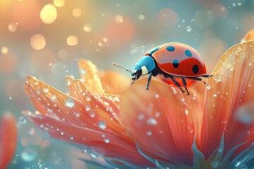 A ladybug sits on an orange flower petal with water droplets.