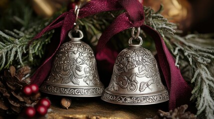 Two ornate silver bells adorned with ribbons, surrounded by pine branches and decorative elements.