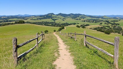 Scenic Countryside Trail Rolling Hills Wooden Fence Summer Landscape