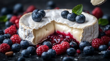 Camembert cheese with berry jam and fresh blueberries and raspberries.