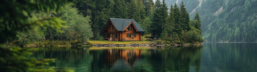 Fototapeta premium Lakeside Retreat, a tranquil cabin by crystal-clear waters, mirrors its serene surroundings, embraced by lush forest and the splendor of the natural world.