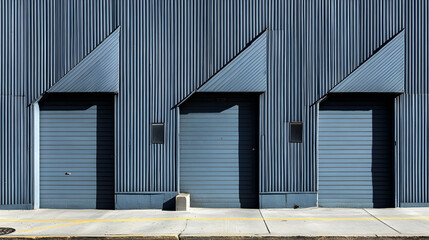 Fototapeta premium Abstract Industrial Building, Three Blue Roll-Up Doors with Geometric Triangular Canopies in Sunlight