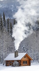 Cozy Mountain Retreat, a serene cabin surrounded by snow-laden trees, with wisps of smoke curling from the chimney, ideal for tranquil winter escapes.
