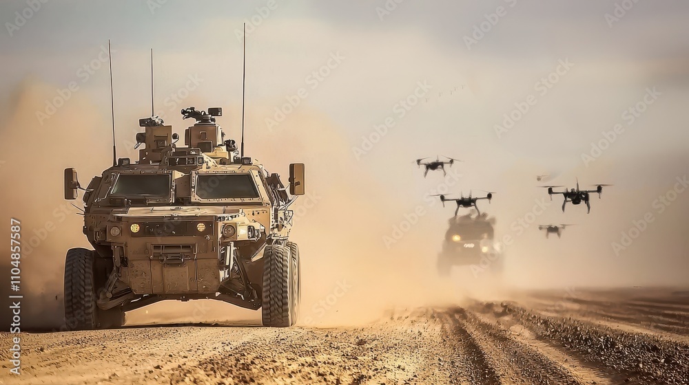 Aufkleber Armored vehicle ambushed by swarm of explosive drones in desert conflict zone a tactical analysis of modern warfare strategies