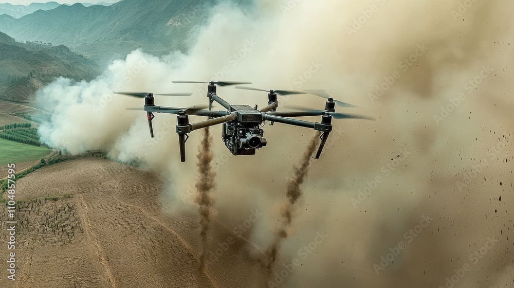 Poster homemade drone maneuvering through air defenses aerial view nature environment action-packed scene f